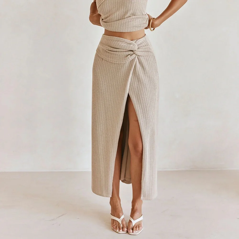 NWT SABO Nina Boho Knot-Front Ribbed Knit Hight Waisted Beige Split Maxi Skirt - Picture 3 of 14